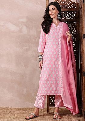 Pink Printed Rayon Blend Kurta Set
