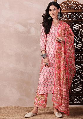 Pink Printed Rayon Blend Kurta Set