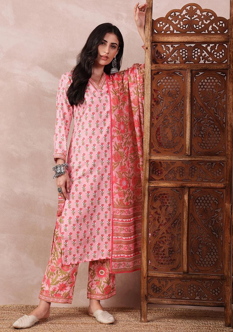Pink Printed Rayon Blend Kurta Set