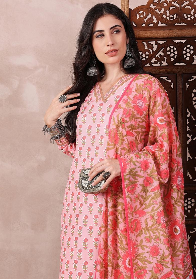 Pink Printed Rayon Blend Kurta Set