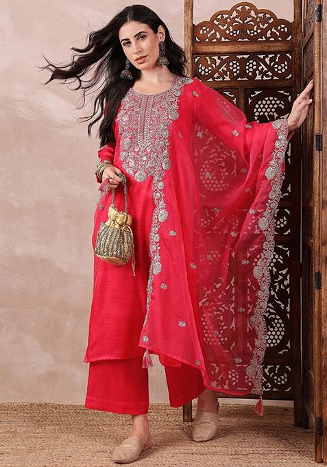 Pink Embroidered Silk Blend Kurta Set