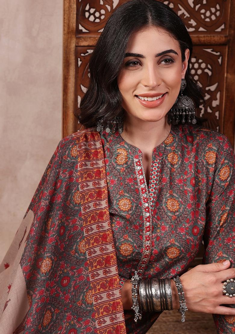 Green Printed Poly Rayon Kurta Set