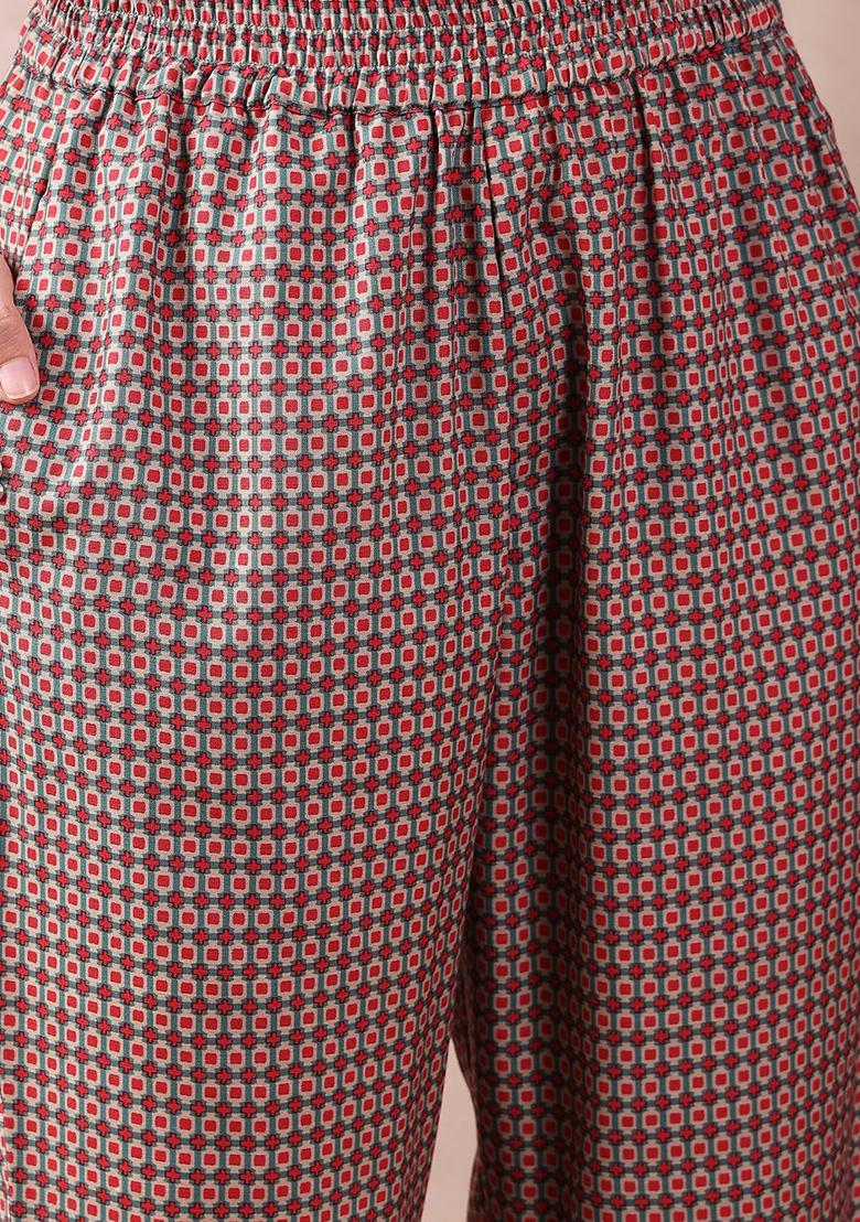 Green Printed Poly Rayon Kurta Set