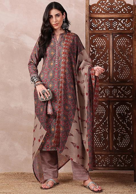 Green Printed Poly Rayon Kurta Set