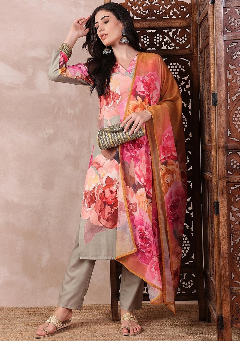 Olive Printed Silk Blend Kurta Set