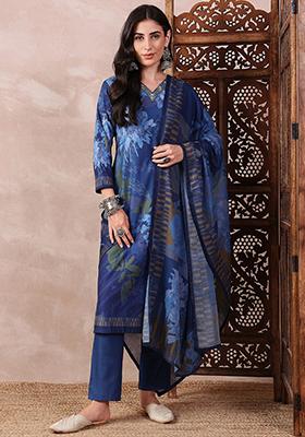 Blue Printed Silk Blend Kurta Set