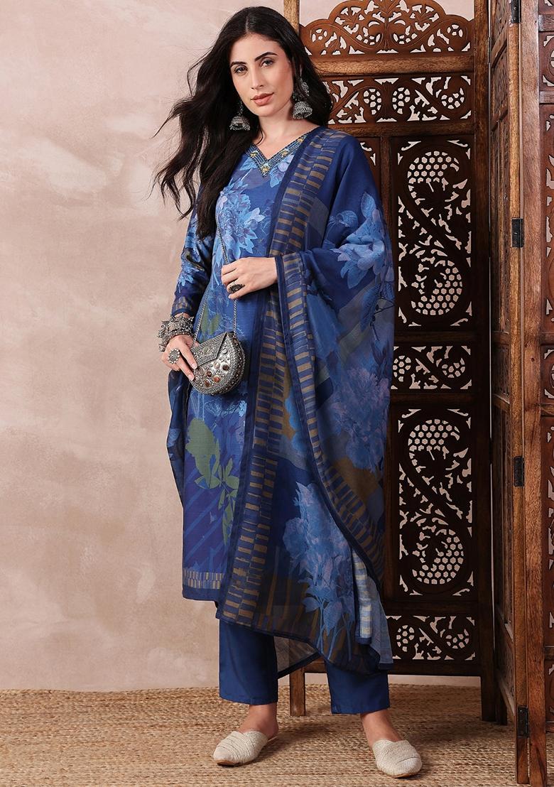 Blue Printed Silk Blend Kurta Set