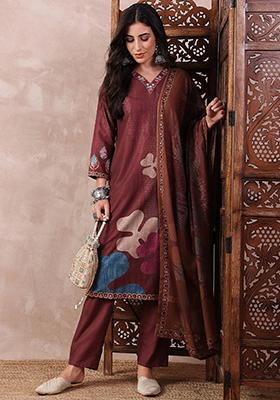 Brown Printed Silk Blend Kurta Set