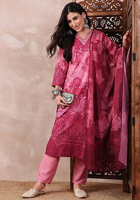 Pink Printed Silk Blend Kurta Set
