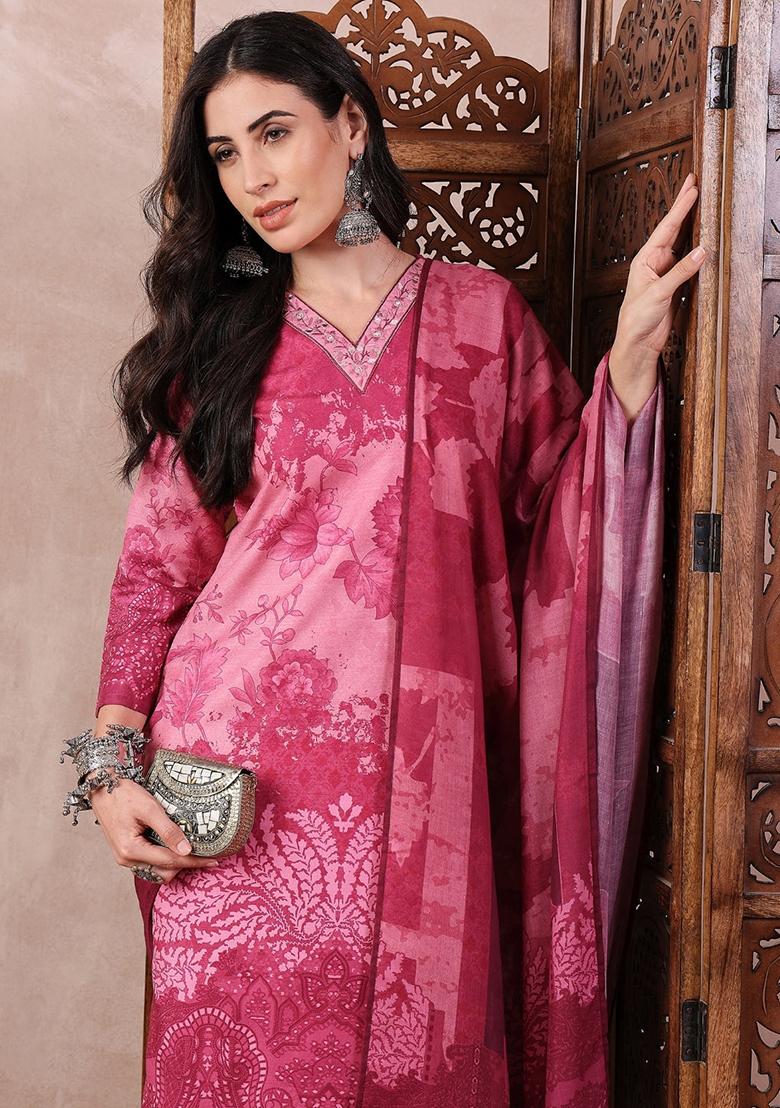 Pink Printed Silk Blend Kurta Set