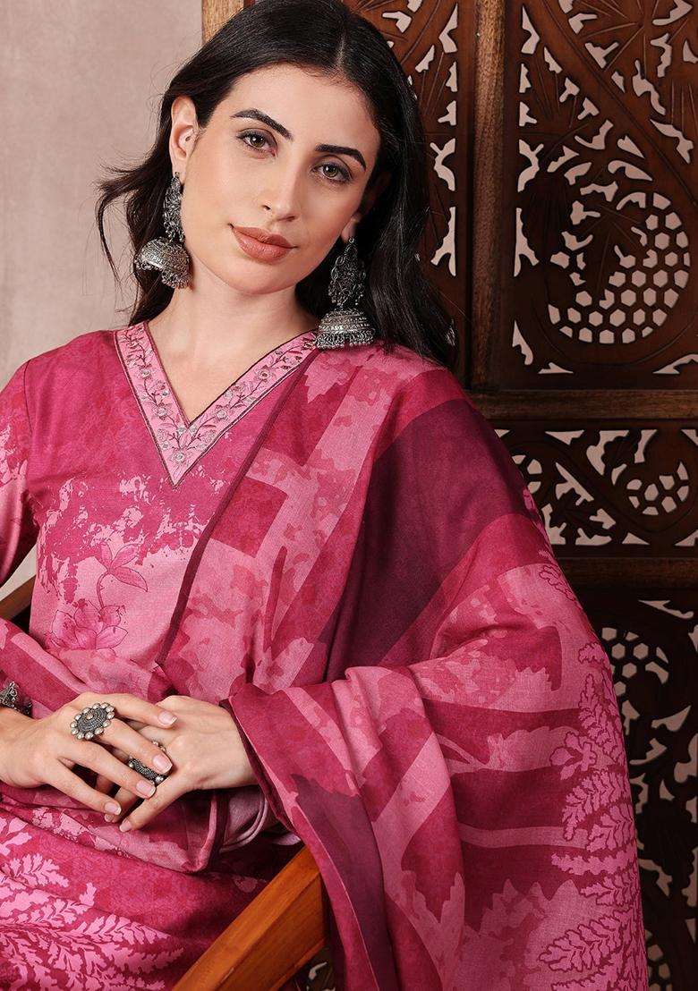 Pink Printed Silk Blend Kurta Set