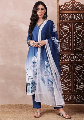 Blue Printed Silk Blend Kurta Set