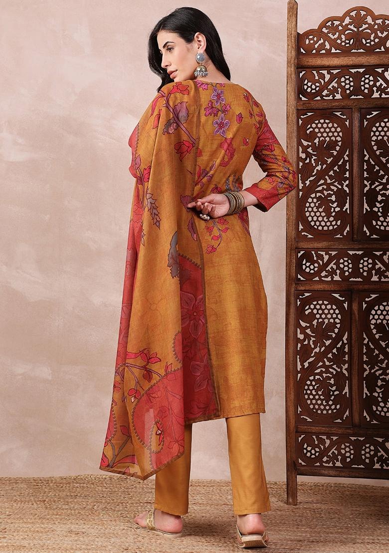 Mustard Printed Silk Blend Kurta Set