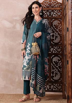 Teal Printed Silk Blend Kurta Set