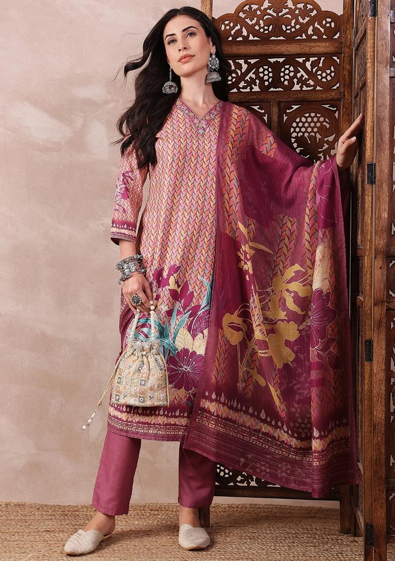 Multicolor Printed Silk Blend Kurta Set