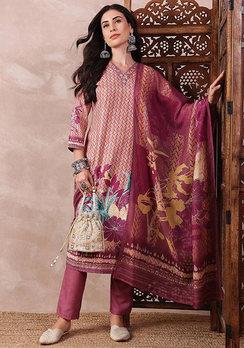 Silk-Blend Foil Printed Festive Kurta