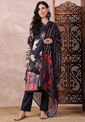 Black Printed Silk Blend Kurta Set