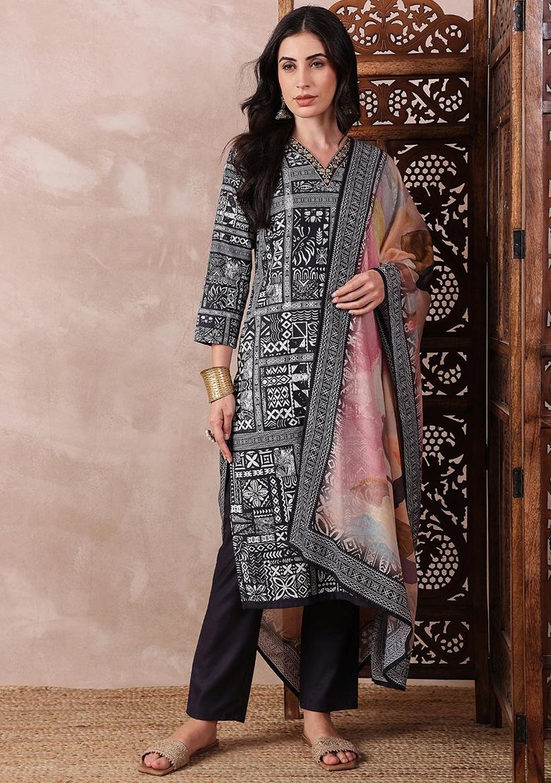 Black Printed Silk Blend Kurta Set