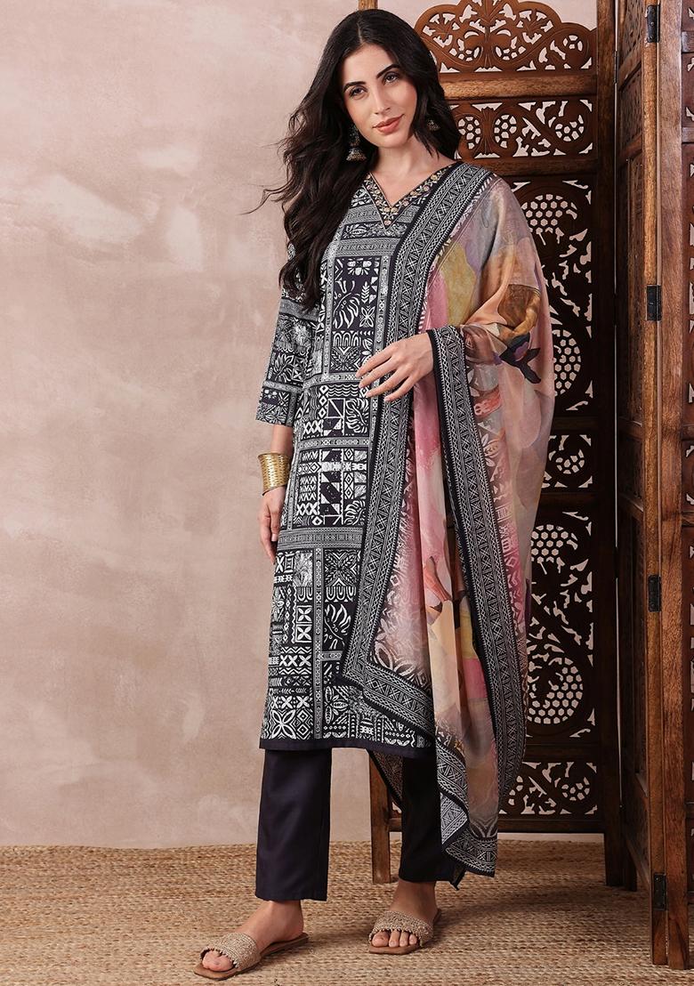 Black Printed Silk Blend Kurta Set