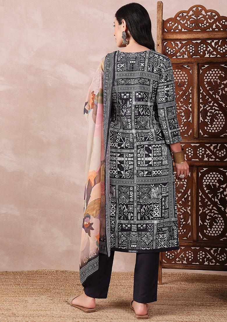 Black Printed Silk Blend Kurta Set