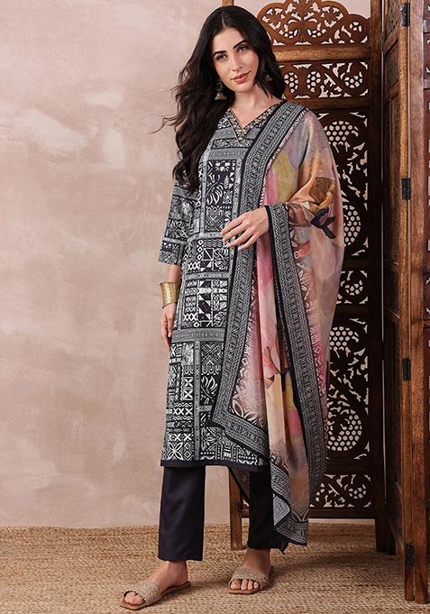 Black Printed Silk Blend Kurta Set