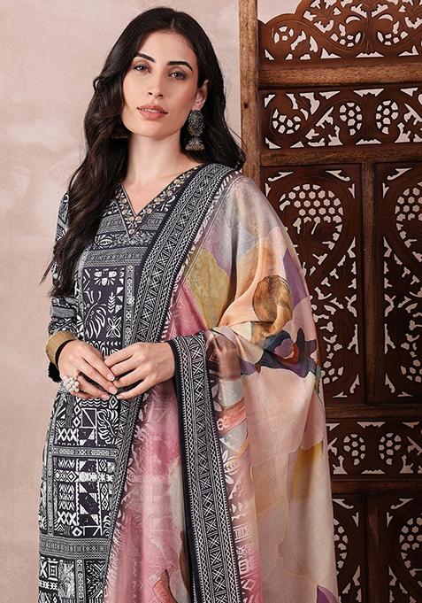 Black Printed Silk Blend Kurta Set