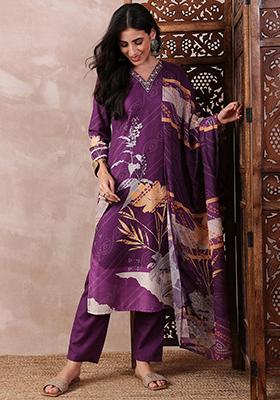 Purple Printed Silk Blend Kurta Set