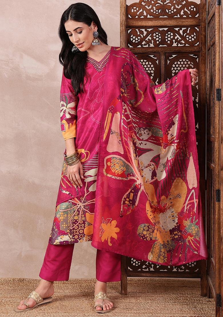 Pink Printed Silk Blend Kurta Set