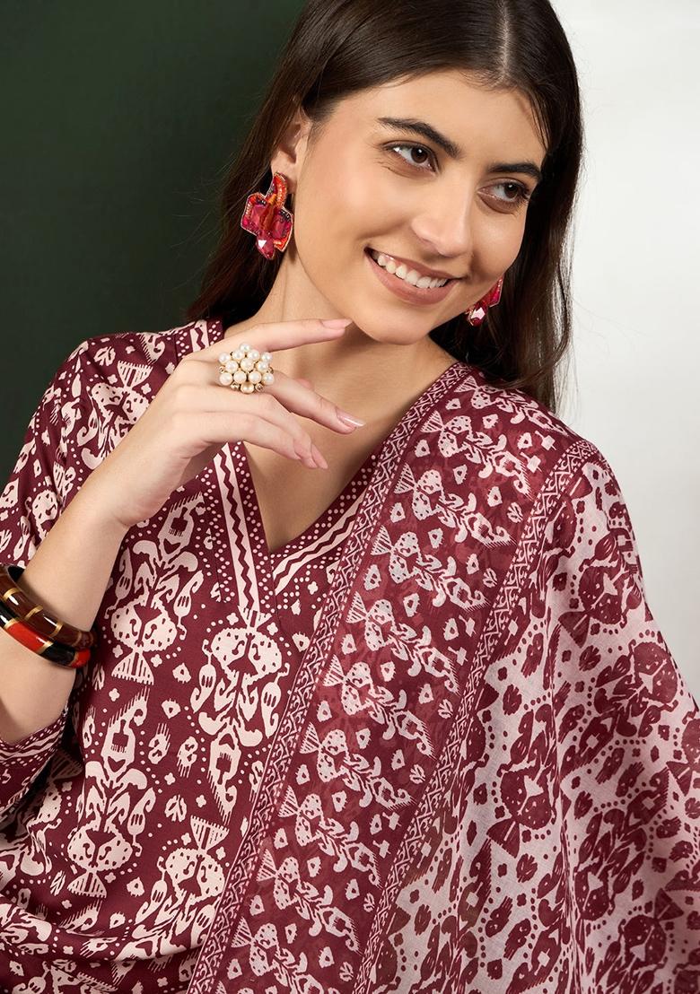 Maroon Printed Rayon Blend Kurta Set