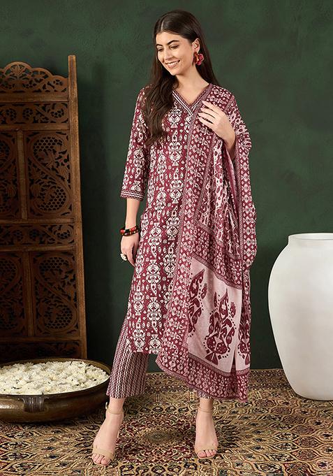 Maroon Printed Rayon Blend Kurta Set