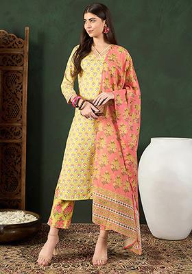 Yellow Printed Rayon Blend Kurta Set
