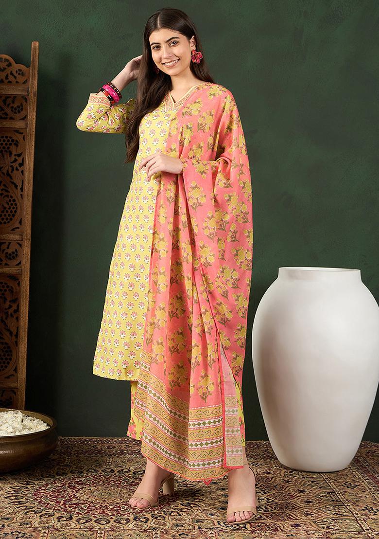 Yellow Printed Rayon Blend Kurta Set