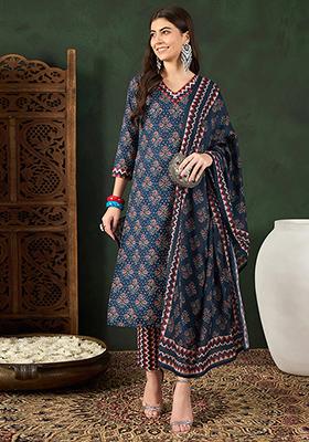 Navy Blue Printed Rayon Blend Kurta Set