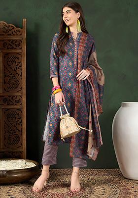 Blue Printed Poly Rayon Kurta Set