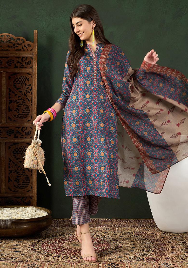 Blue Printed Poly Rayon Kurta Set