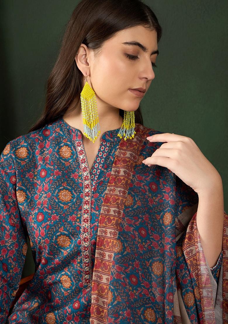 Blue Printed Poly Rayon Kurta Set