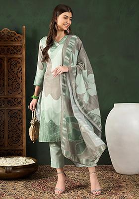 Green Printed Silk Blend Kurta Set