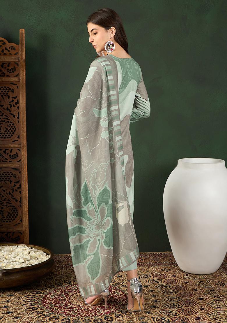 Green Printed Silk Blend Kurta Set
