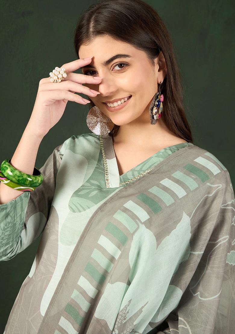 Green Printed Silk Blend Kurta Set
