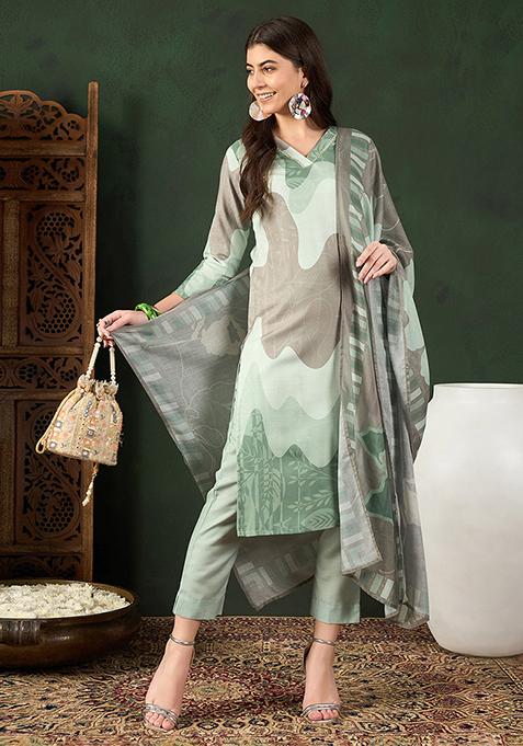 Green Printed Silk Blend Kurta Set