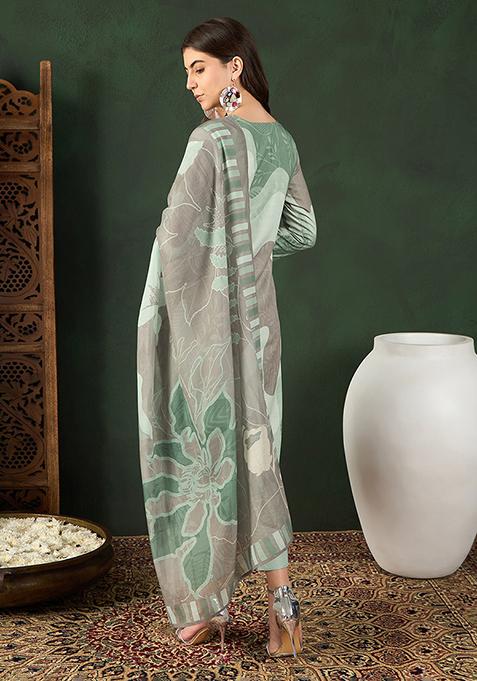 Green Printed Silk Blend Kurta Set