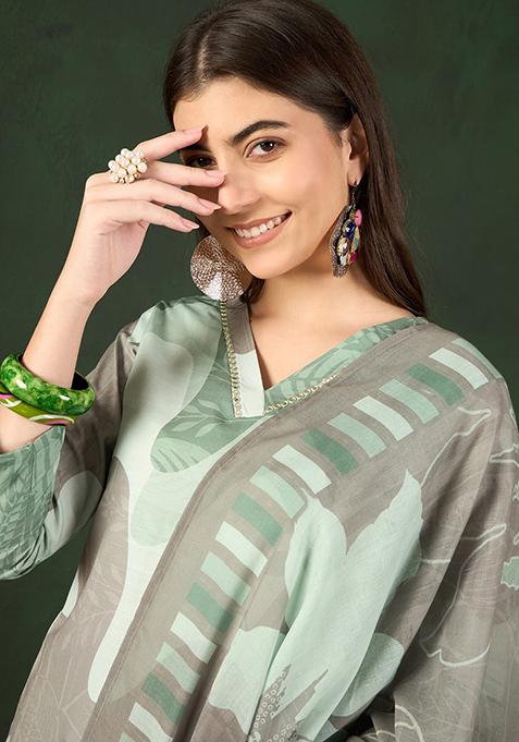 Green Printed Silk Blend Kurta Set