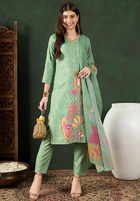 Green Printed Silk Blend Kurta Set