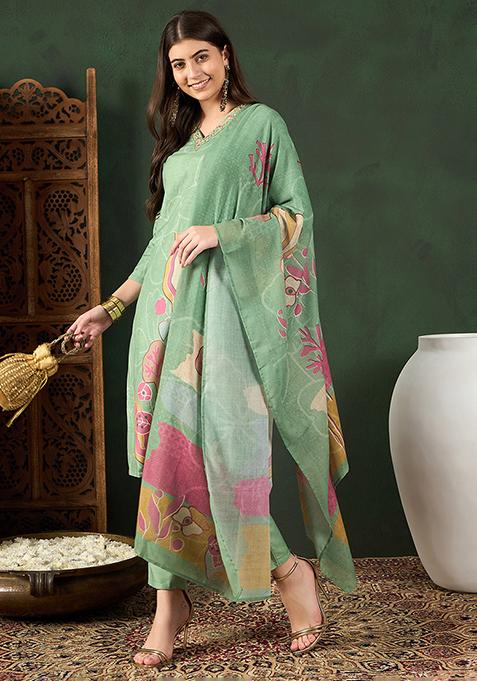 Brown Green Kurta Silk Blend Pant main image 1