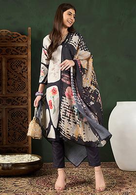 Black Printed Silk Blend Kurta Set
