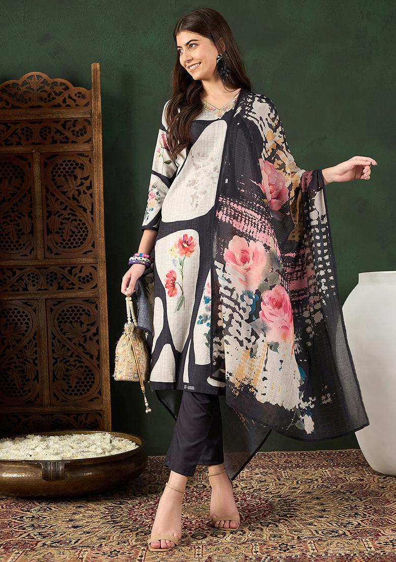 Black Printed Silk Blend Kurta Set
