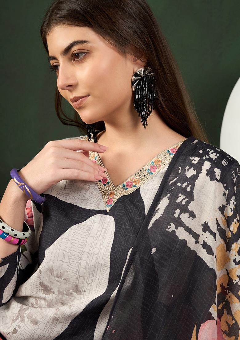 Black Printed Silk Blend Kurta Set
