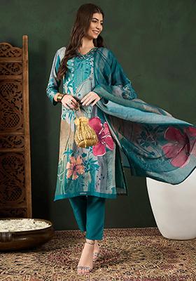 Teal Printed Silk Blend Kurta Set