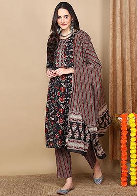 Black Printed Rayon Blend Kurta Set
