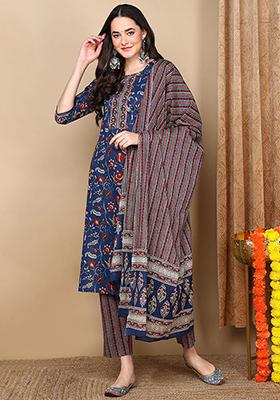 Blue Printed Rayon Blend Kurta Set